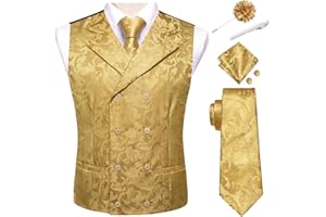 Hi-Tie Mens Silk Double-Breasted Suit Vest Tie Pretied Bowtie Laple Pin and Handkerchief Cufflinks Wedding Business Tuxedo