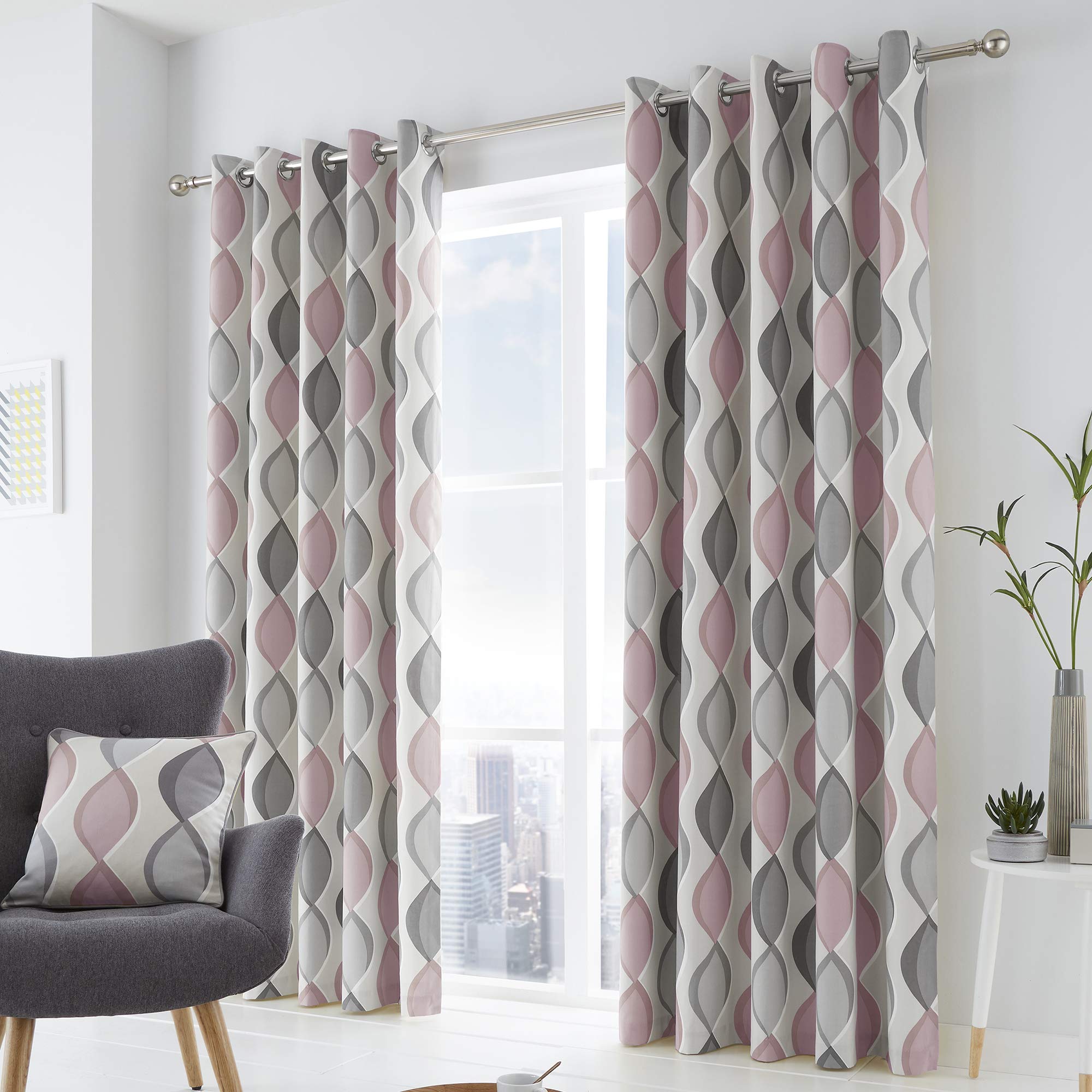 Fusion Lennox 100% Cotton Eyelet Lined Curtains, Grey/Blush w168cm (66) x d137cm (54)