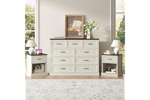 CARPETNAL Farmhouse Dresser and Nightstand Sets for Bedroom, 3 Pcs Bedroom Set, 9 Drawer Dresser & Nightstand Set of 2, Modern Wood Chest of Drawers for Bedroom, Living Room, Entryway, White