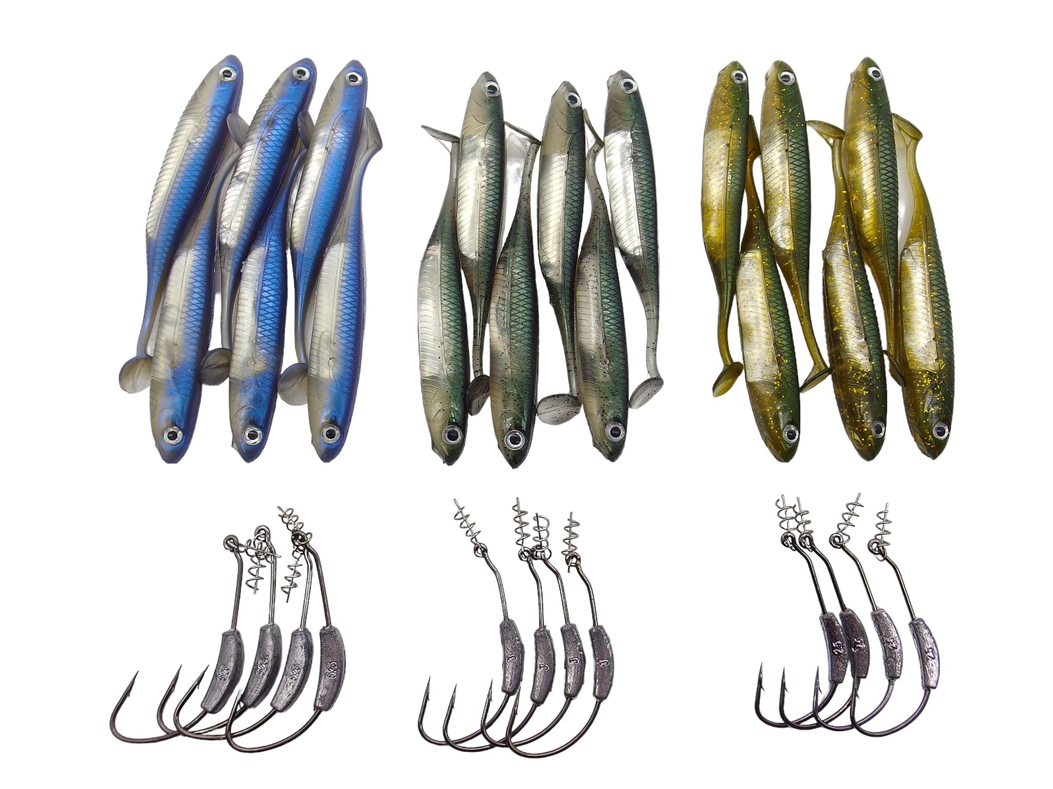momolures Bass Lures Flashing Core Shad/Flash-J Shad Style for Pike Zander Sea fishing (4inch - 3 Colour Assort Set & Hooks)