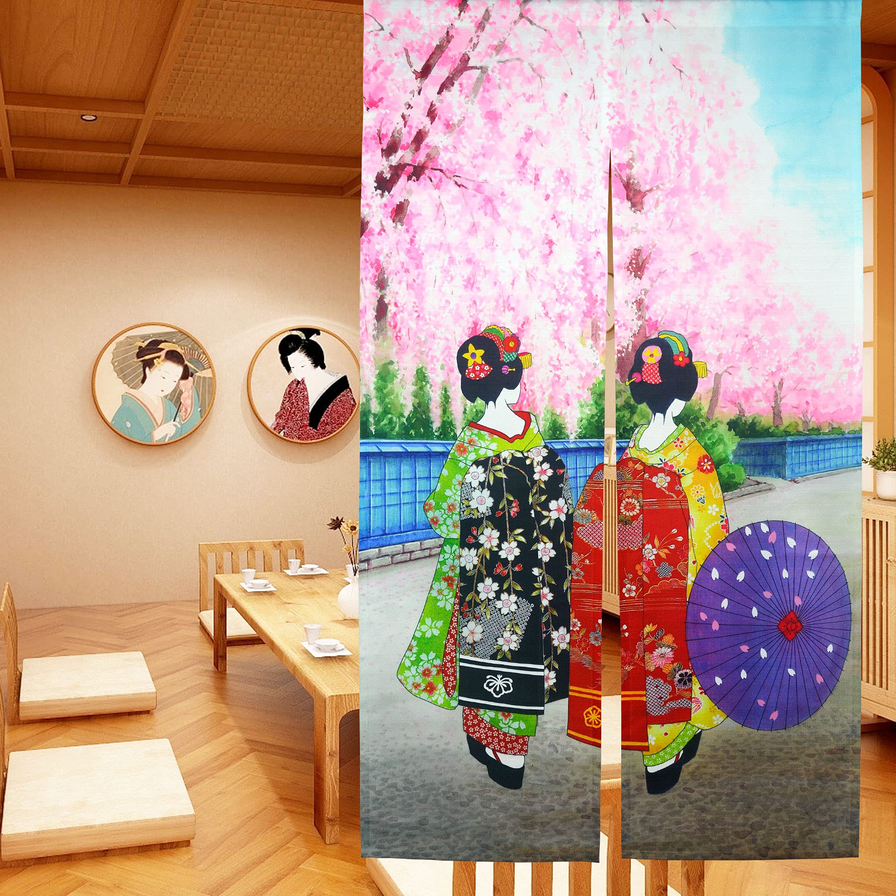 LIGICKY Noren Japanese Style Long Doorway Curtain Kyoto Geisha Girls in Kimonos and Cherry Blossom Window Treatment Tapestry for Home Decoration 33.5 x 59 inch