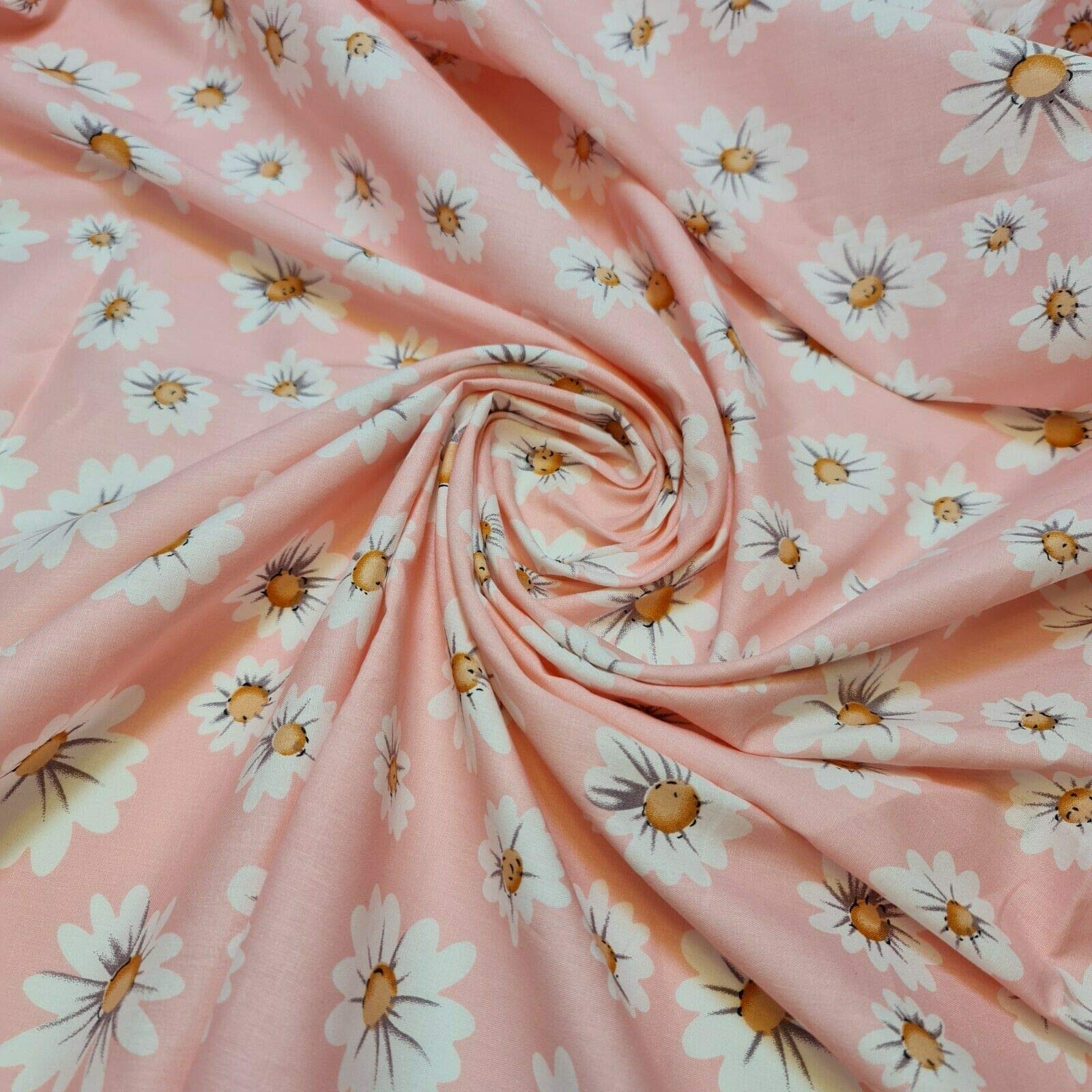 100% Cotton Poplin Daisy Flower Print Fabric Dress Craft Soft Fabric 58" (Pink Base)