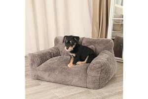 BestRoyal Fluffy Cat Couch for Indoor Cats, Small Dog Bed with Bone Shaped Pillow, Anti-Anxiety Pet Bed with Washable Cover, Brown