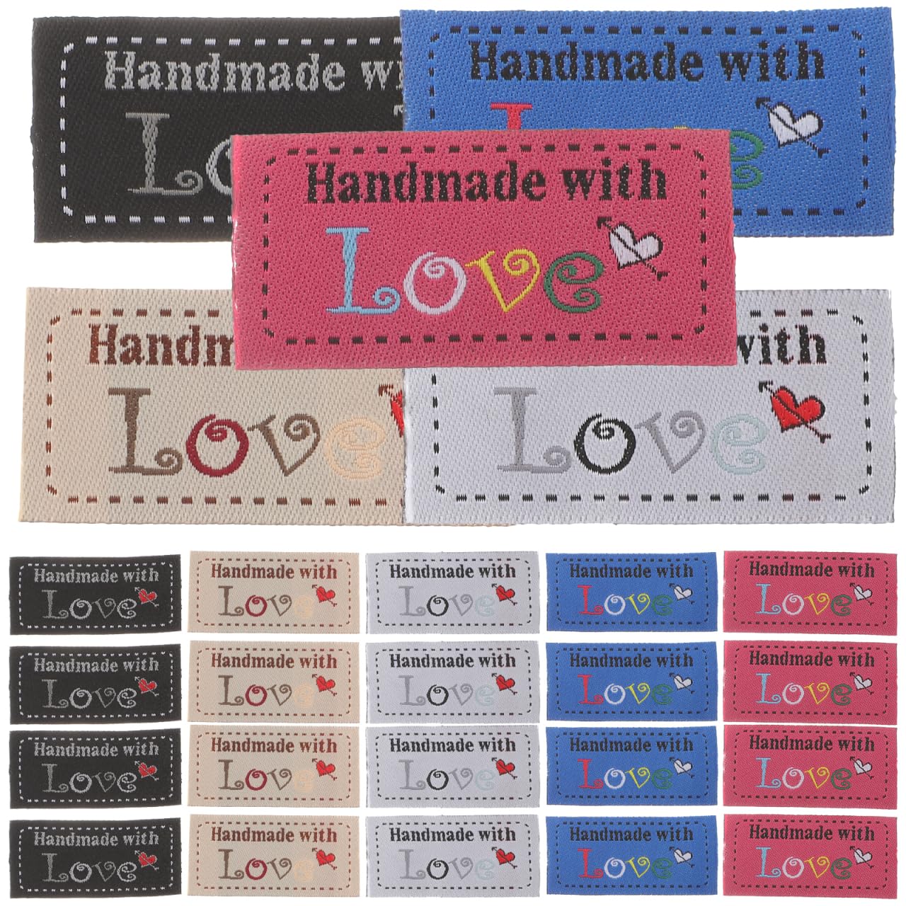 DOITOOL 100pcs Handmade with Love Tags Fabric Labels Tags Personalized Sewing Labels Sew on Clothing Heart Pattern Label for Knitting Quilting Garment DIY Craft
