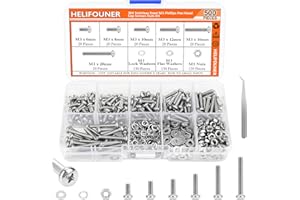 HELIFOUNER 500 Pieces M3 x 6mm /8mm /10mm /12mm /16mm /20mm, Phillips Pan Head Machine Screws, Metric Screws Bolts Washers Nuts Kit, 304 Stainless Steel