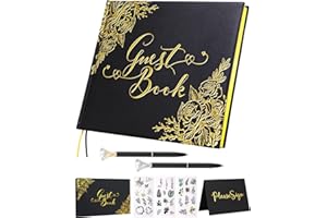 FECIBOE Wedding Guest Book - Black Guest Book Wedding Reception with Pens - 9x7'' Personalized Wedding Guestbook Photo Album 