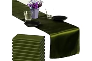 MDS-MEGADECORSUPPLY MDS Pack of 15 Satin Table Runners 12 x 108 Inch Long Charmeuse Sateen Bright Silk Smooth Table Runner for Thanksgiving Halloween Christmas Party Home Wedding Decorations - Olive Green