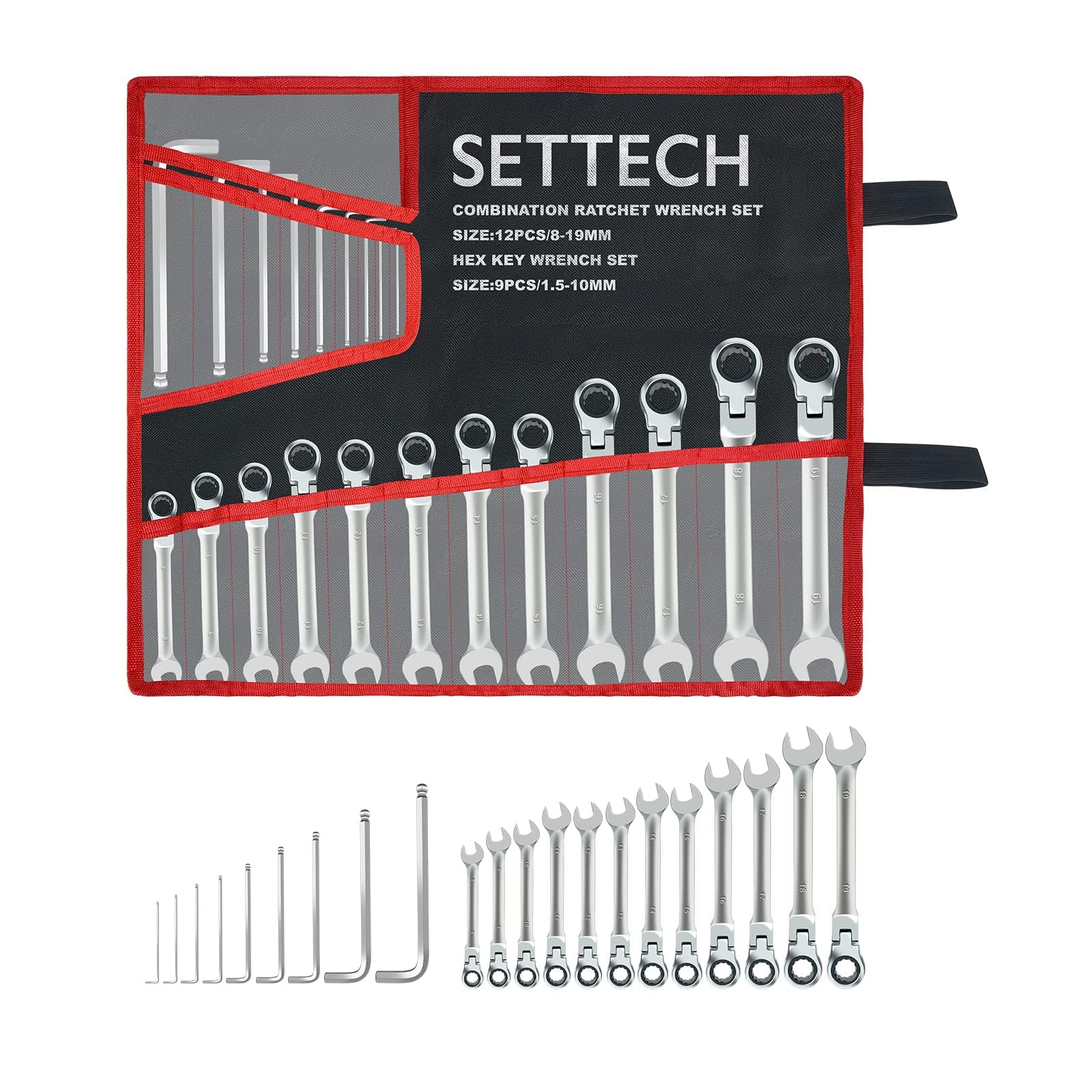 Photo 1 of SETTECH 21PCS Flexible Ratcheting Wrench Set,12PCS Metric Wrench Sets CR-V flex head ratchet,9PCS Allen Wrenches,Combination Spanner Wrench tool set
