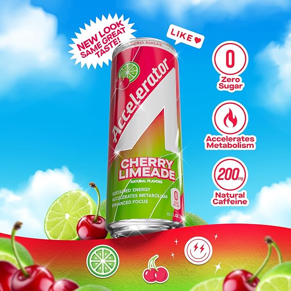 ACCELERATOR ENERGY DRINK, CHERRY LIMEADE 12OZ CAN (12 PACK), ZERO SUGAR, SUSTAINED ENERGY FROM 100% NATURAL CAFFEINE (200MG FROM GREEN COFFEE BEAN & GREEN TEA EXTRACT)