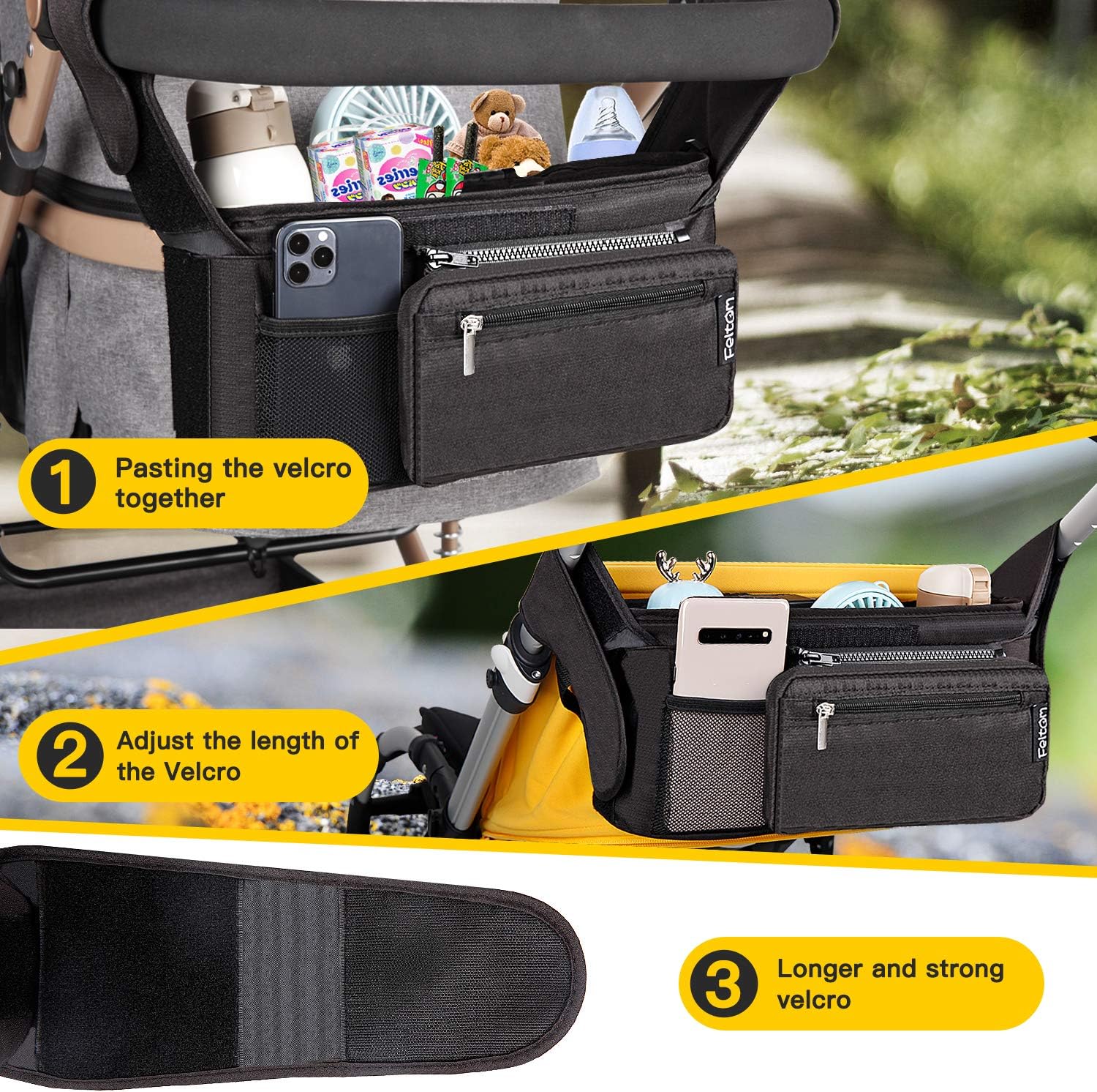 Feltom Baby Stroller Organizer, Universal Stroller Storage Bag with Cup Holders Waterproof and Detachable Phone Bag and Shoulder Strap, Stroller Accessories for Carrying Diaper, Phone, Toys and Snacks: Home Improvement