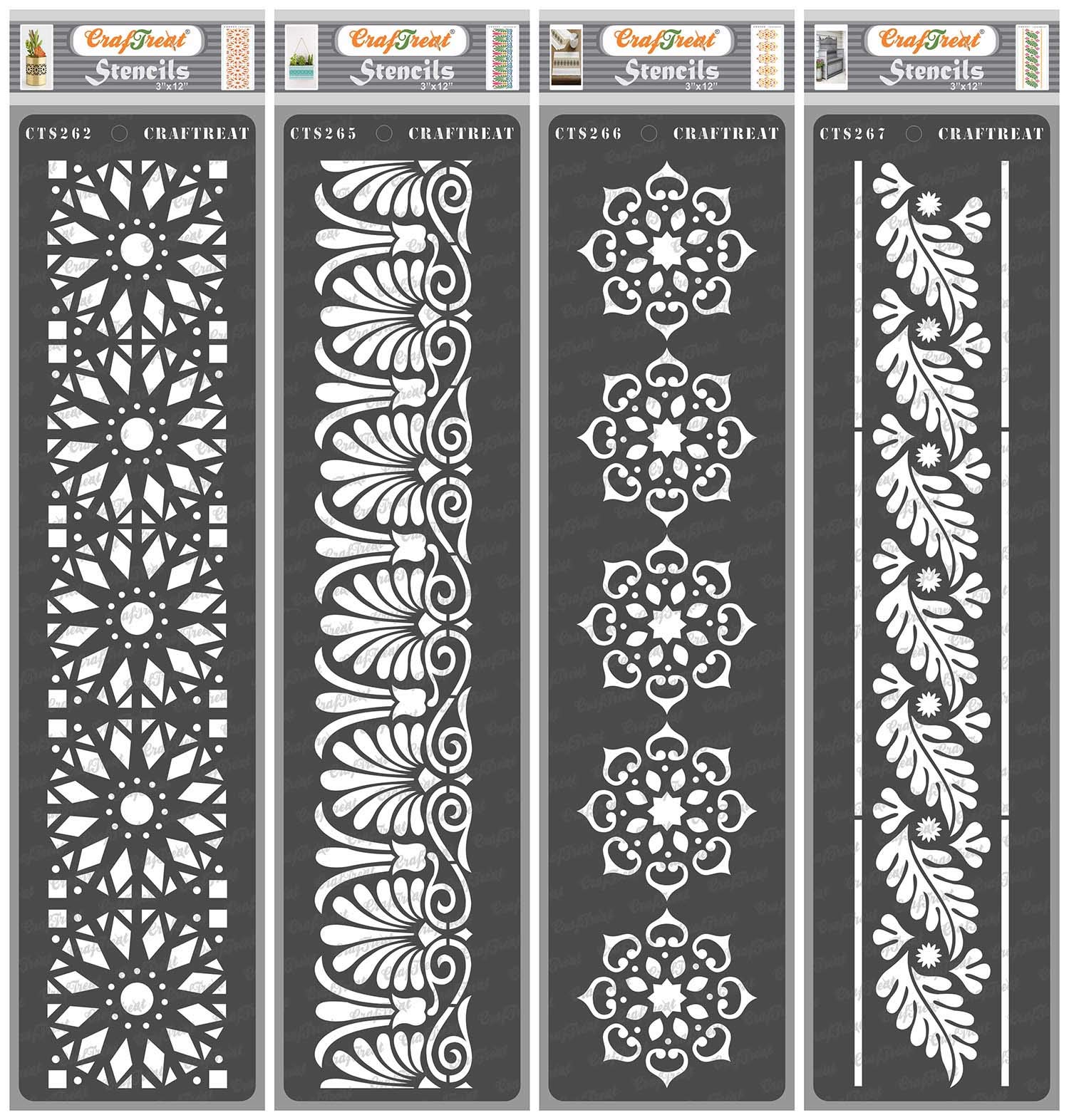 CrafTreat Reusable Floral Border Stencils for Painting on Wood, Canvas, Paper, Floor, Wall and Tile - Border VI, IX, X and XI - 4 Pcs - 3x12 Inch Each - DIY Craft Stencils