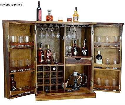 SS WOOD Furniture Wooden Stylish Brown Bar Cabinet with Wine Glass Storage | Teak Finish