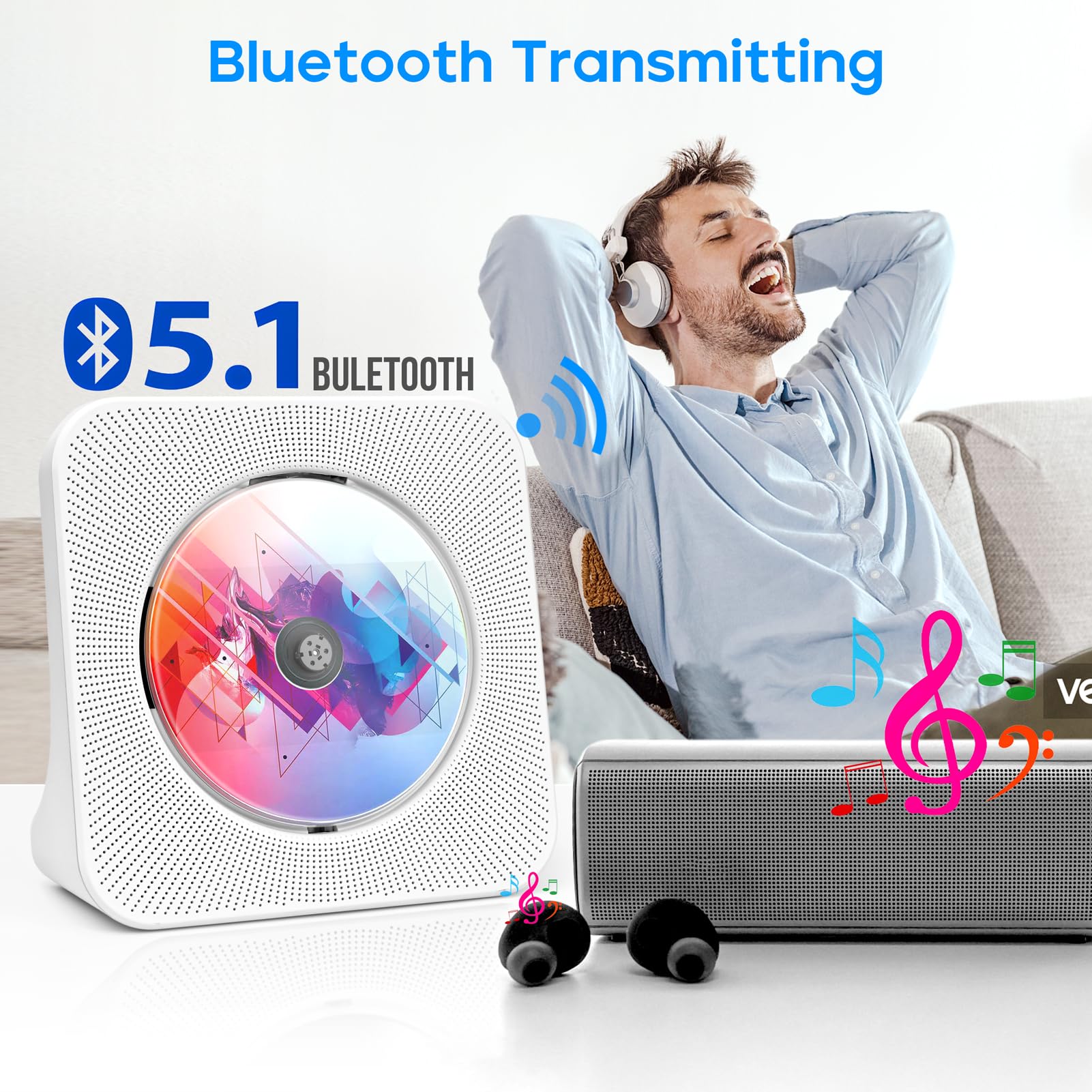 Portable CD Player with Speakers, ROADOM CD Players for Home, Bluetooth CD Player with Stereo Sound,Remote Control,Supports CD/Bluetooth/FM Radio/USB Drive/AUX/Timer/Repeat