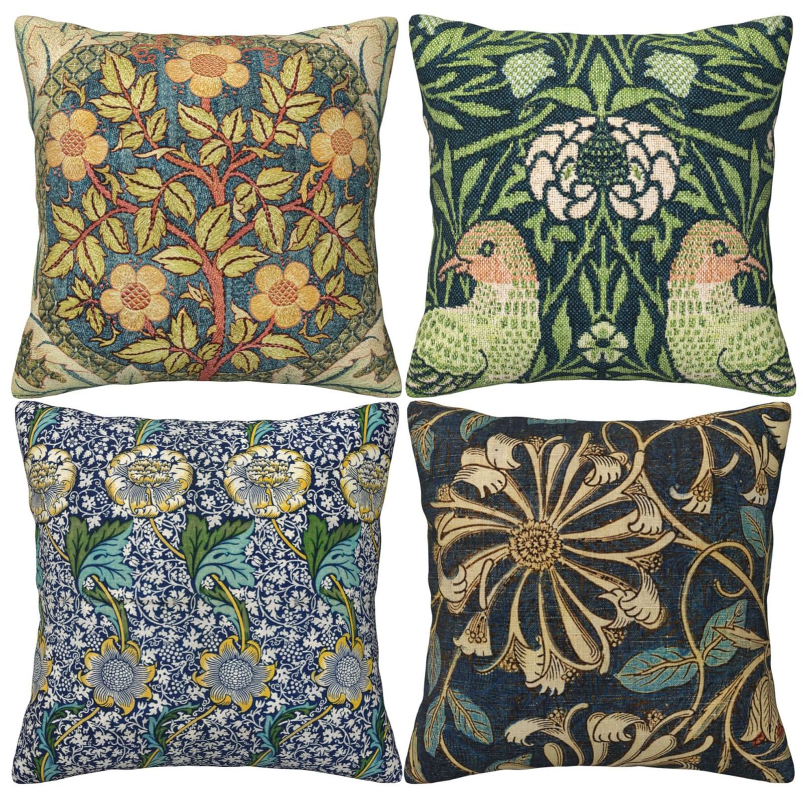 HOSTECCO Vintage Floral Cushion Covers 45x45 cm Pack of 4 Botanical Flowers Art Pillow Covers Farmhouse Decorative Pillow Cases for Sofa Couch Bed