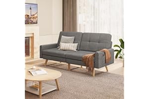 Gizoon Futon Sofa Bed, 70.9" Futon Couch with Adjustable Backrest, Removable Armrest for Extended Length, Mid Century Modern Loveseat for Living Room, 6 Wood Legs, 2 Metal Support Rods, Dark Grey