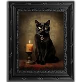 Framed Black Cat Canvas Wall Art, Gothic Candlelit Cat Artwork 9x11 Inch | Moody Candlelit Cat Picture In A Black Framed for Dark Academia Bedrooms, Studies, Living Rooms, Bathrooms, and Gothic Rooms