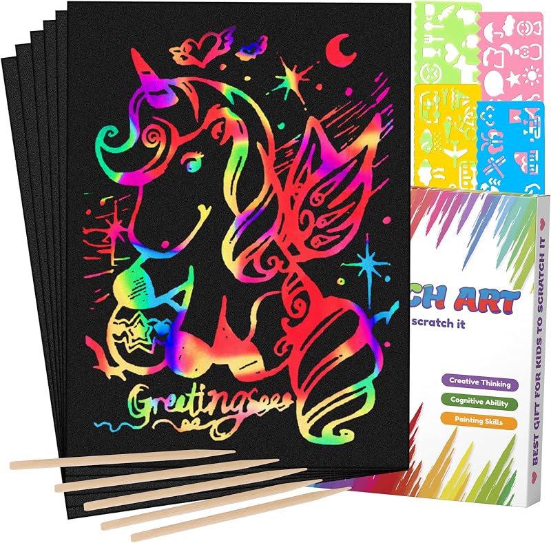 Mocoosy 60Pcs Scratch Art Paper Kids Rainbow Doodle Pads Kit with Stencils