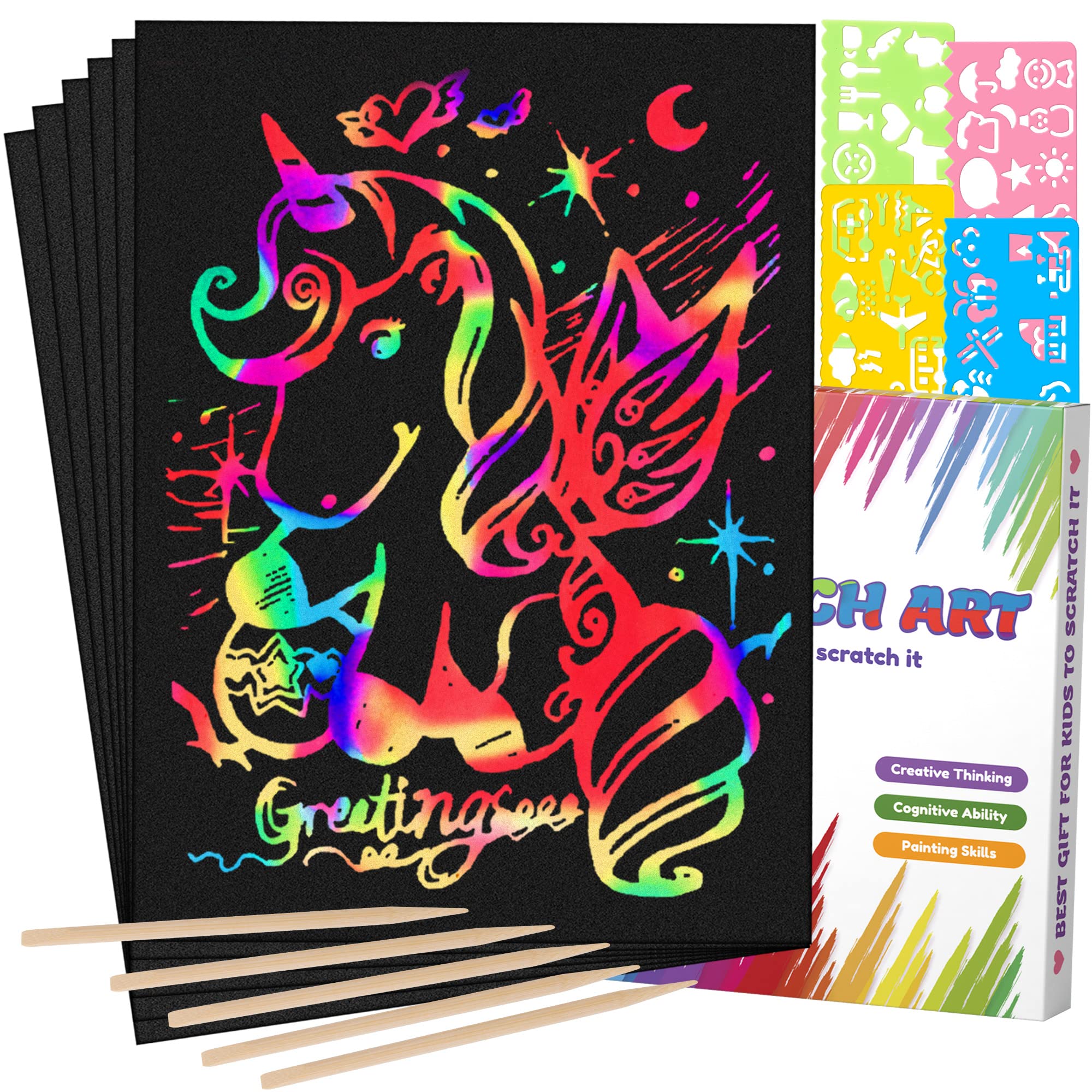 Mocoosy 60 Pcs Rainbow Scratch Art Paper for Kids, Magic Scratch Paper Set Art and Craft Kit, Black Scratch Sheets for Party Game Activities Birthday Gifts Toys Girls Boys 3 4 5 6 7 8 9 10 Years Old