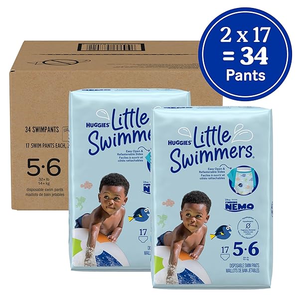HUGGIES LITTLE SWIMMERS DISPOSABLE SWIM DIAPERS, SIZE 5-6 (32+ LBS), 34 CT (2 PACKS OF 17), PACKAGING MAY VARY
