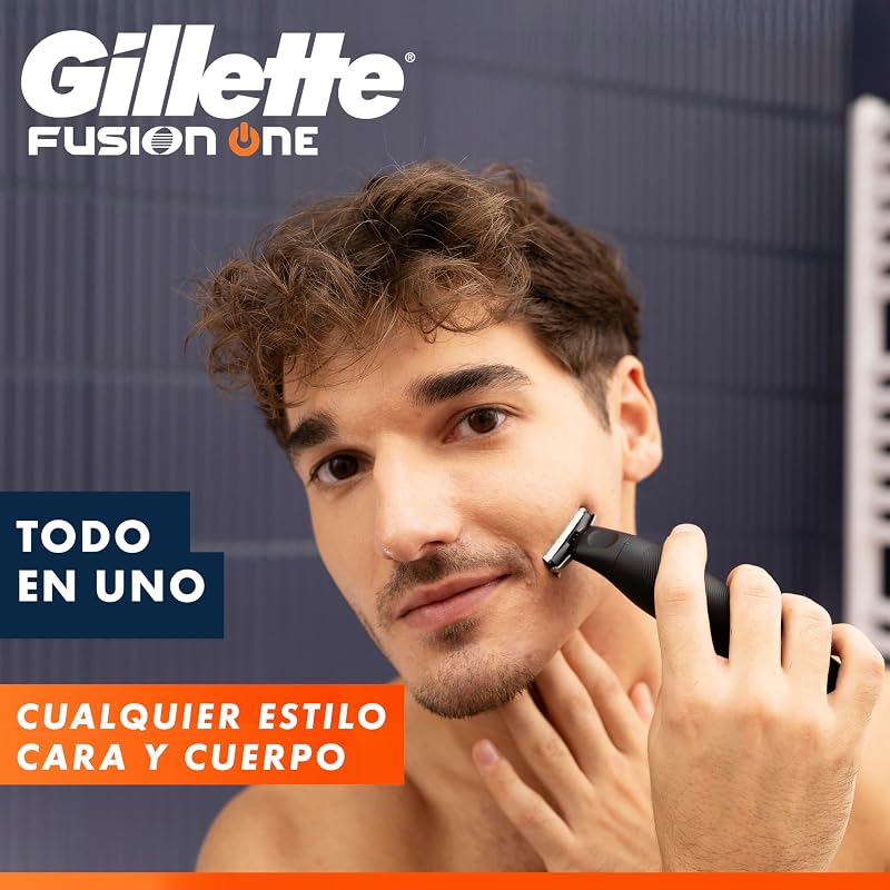 Aparador de barba e barbeador Fusion One, preto - Barbeiro tudo-em-um para rosto e corpo, cabeça pivotante, 4 pentes, tampa protetora, resistente à água, 45 minutos de uso