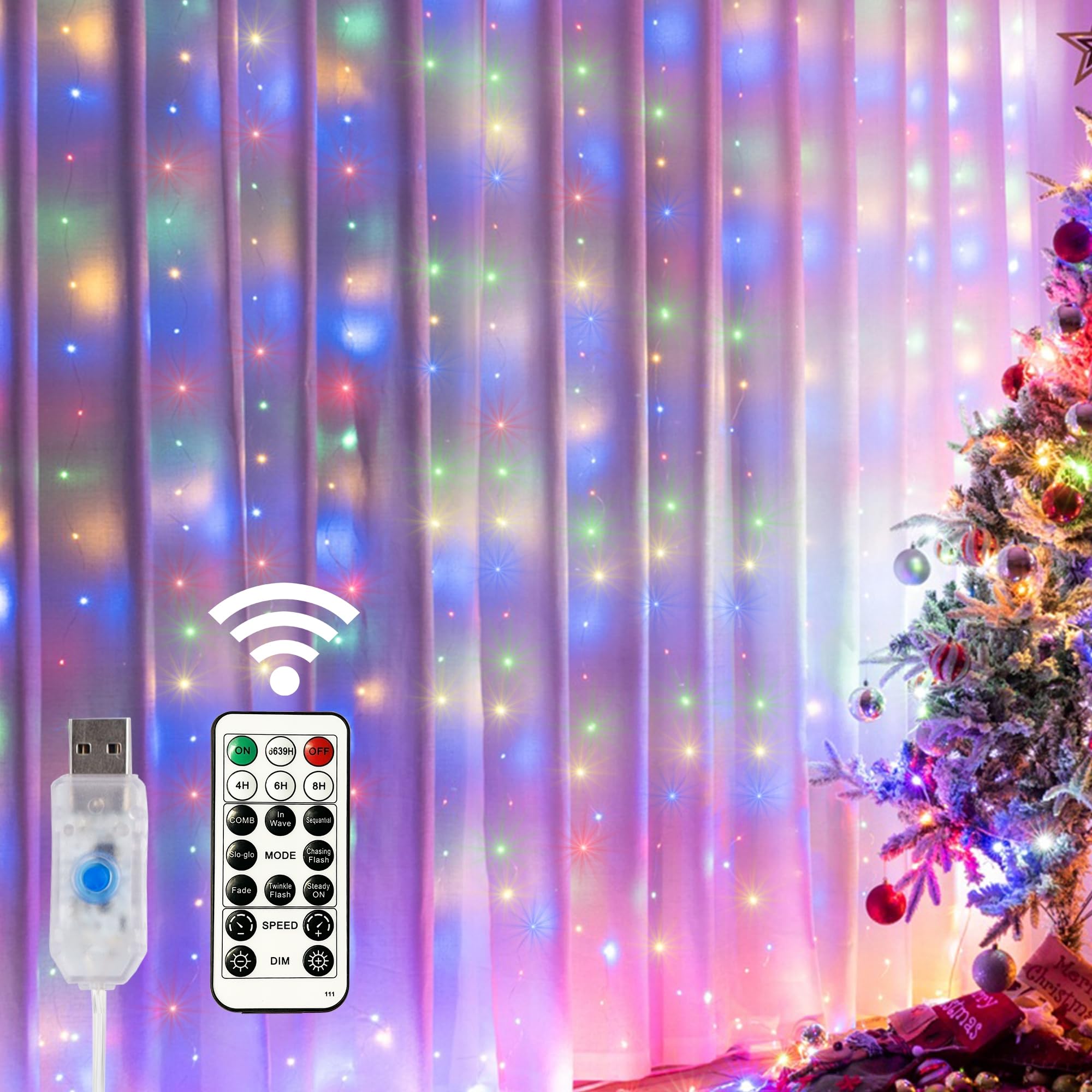 Photo 1 of HOME LIGHTING Window Curtain String Lights, 300 LED 8 Lighting Modes Fairy Copper Light with Remote, USB Powered Waterproof for Christmas Bedroom Party Wedding Home Garden Wall Decorations, Multicolor