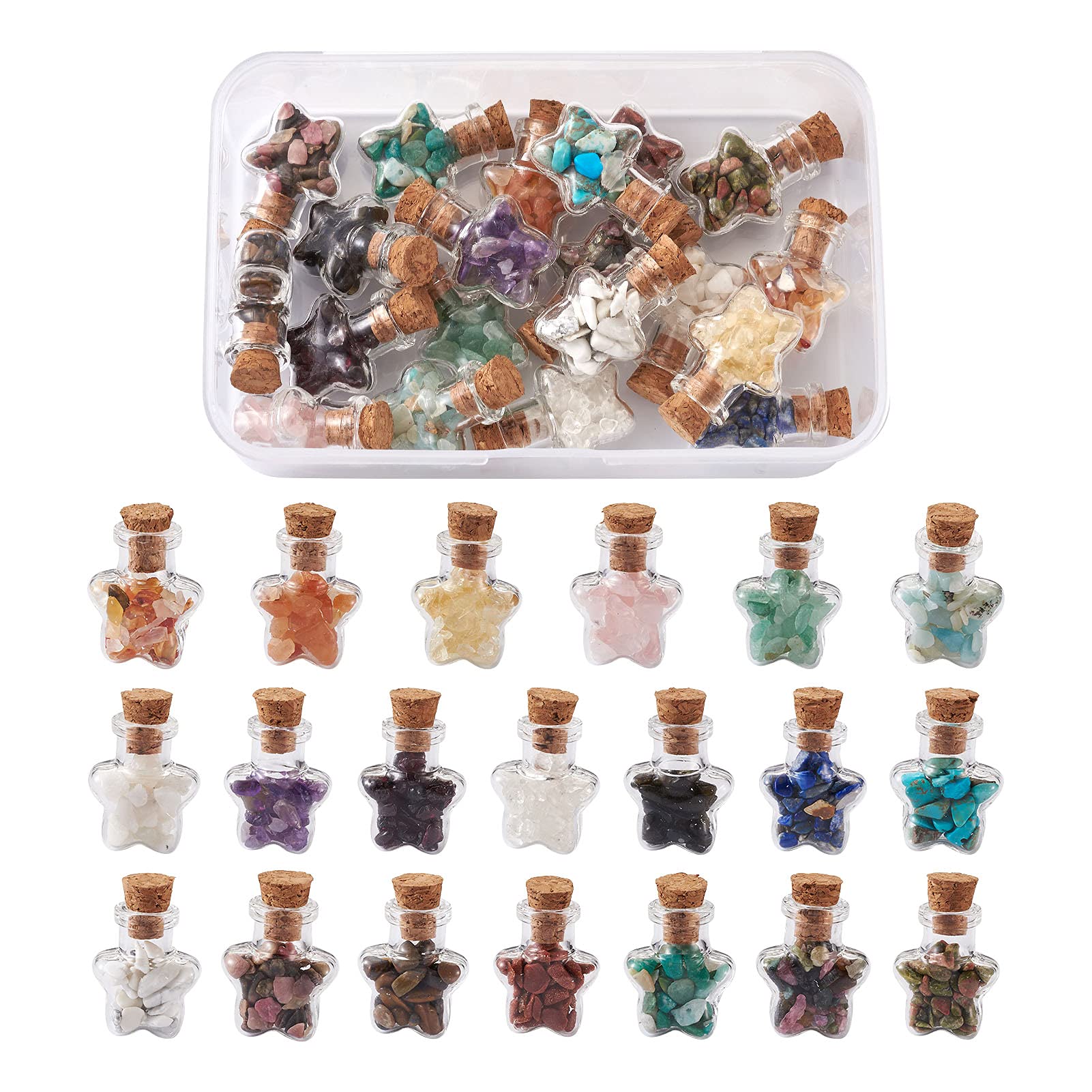 Cheriswelry 20pcs Mini Star Glass Gemstone Wishing Bottles Chip Stone Set for DIY Jewellery Making Home Decoration