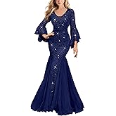 Miusol Women's Deep V Neck Sequin Lace Mesh Tulle Hem Formal Evening Maxi Dress