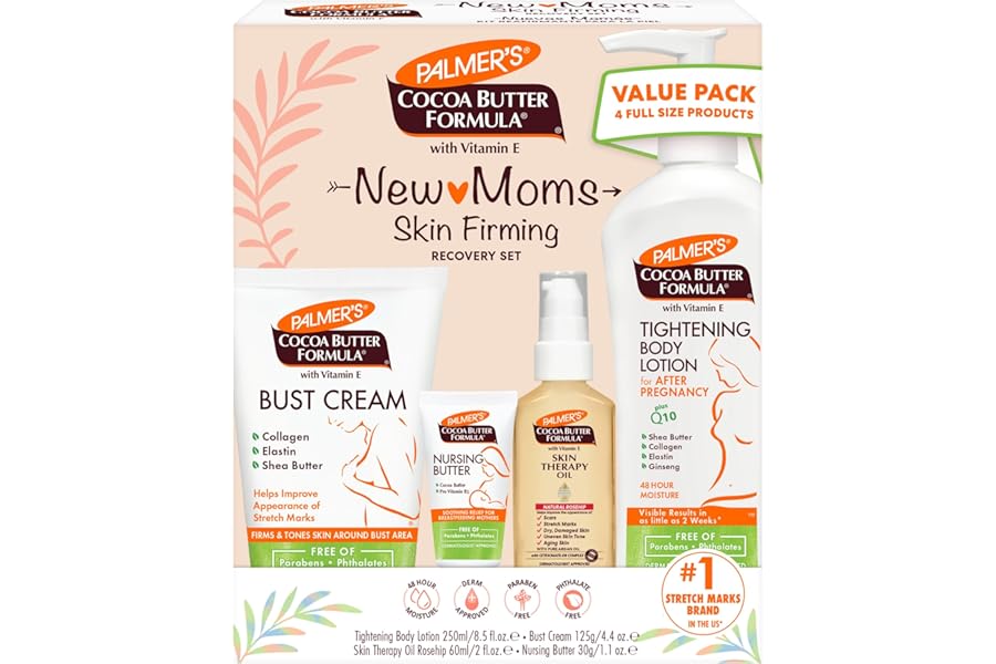 Palmer’s Cocoa Butter Formula New Moms Skin Recovery Postpartum Essentials, Body Lotion (8.5 oz) + Nursing Butter (1.1 oz) + Bust Cream (4.4 oz) + Skin Therapy Oil (2 oz), Dermatologist Approved