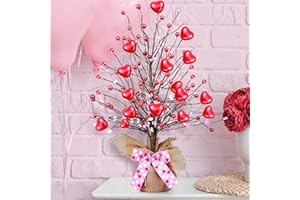 Kenburg 20”H Valentine’s Day Artificial Tree Table Decor, Red Berry Heart Rattan Balls Tree Table Centerpiece, Burlap Base Farmhouse Artificial Plants for Holiday Festival Valentines Home Decoration
