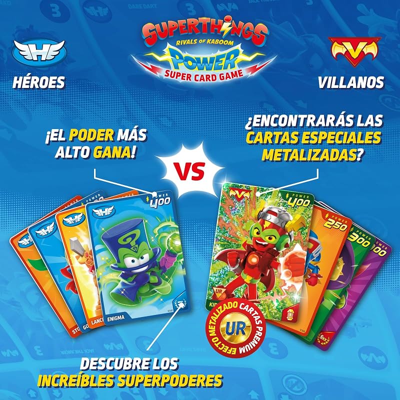 Jogo de Cartas Super Poder SUPERTHINGS – Pack Inicial de Batalha. Caixa com bonecos de ação, acessórios, cartas surpresa de álbuns e colecionáveis. Contém Hidead, Supercar, 2 figuras, livro de coleção e 12 cartas