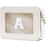 CLOUDWINGS Initial Travel Toiletry Bag - Cosmetic Bags for Girls with Zipper, Clear & Potable Makeup Bag for Travel, Cosmetic Pouch Perfect Gifts for Graduation (Beige, A)