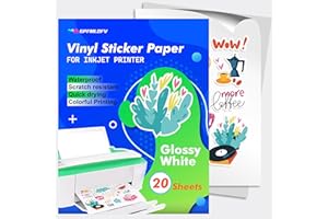 GPFMLDFV 20 Glossy Sticker Paper for Inkjet Printer- Waterproof Paper Printable Vinyl White Decal Sheets A4 - Holds Ink Beautifully & Dries Quickly