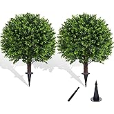Chillchard Artificial Boxwood Topiary Outdoor Plants with Spike, 2 Pack Faux Bushes UV Resistant Fake Shrubs for Front Porch Décor