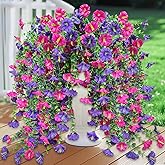 4PCS Artificial Fake Hanging Flowers Plants for Outdoor, Spring Summer Faux Petunias with Eucalyptus Leaves,Silk Morning Glory UV Resistant Look Real for Planter Gardens Balcony Porch(Purple Mix)