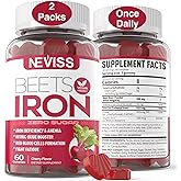 Beet Root Gummies with Iron, Methyl B12, Folate, Vitamin C - Increase Nitric Oxide & Iron Levels, Energy Support, Fight Fatigue, Beetroot & Gentle Iron Supplement, Sugar Free, 120 Count