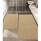 YIHOUSE Bathroom Rugs Sets 2 Pieces, Beige Ultra Thin Bath Mats Fit Under Door, Absorbent Quickly Dry Rubber Backing Braided Bath Mat Set, Non Slip Washable Bath Rugs for Bathroom Floor, Beige