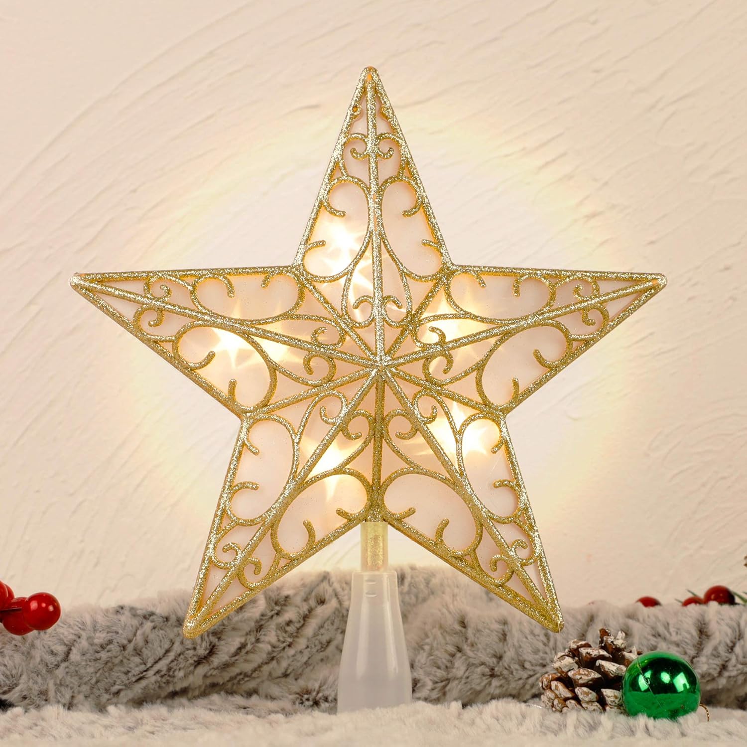 Tree Toppers - Juegoal Star Tree Topper with 10 LED Warm White Lights, Lighted Treetop Christmas Tree Decorations, Golden