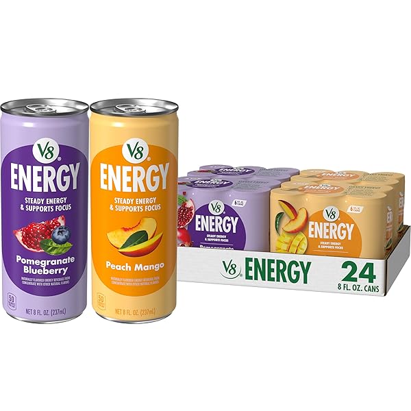V8 ENERGY POMEGRANATE BLUEBERRY AND PEACH MANGO ENERGY DRINKS, 8 FL OZ CAN (24 PACK)
