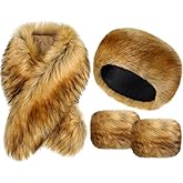 Ramede 3 Piece Faux Fur Collar Wrist Cuffs Headband with Stretch Snakeskin Print Winter Faux Fur Women's Neck Ear Arm Warmer Scarf Wrap for Women Accessories