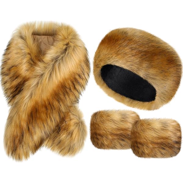 4 Pcs Winter Faux Fur Set for Women Fur Collar Scarf Wrap 