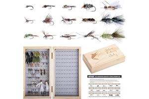 Goture Fly Fishing Flies Kit, 54pcs Dry Wet Flies Streamers Nymphs with Wooden Fly Box, Bass Trout Steelhead Salmon Lures Set Assortment Kit, Gifts for Men