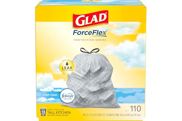 Glad Trash Bags, ForceFlex Tall Kitchen Drawstring Garbage Bags, 13 Gal, Fresh Clean Scent with Febreze, 110 Ct