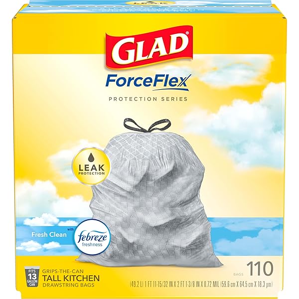 GLAD FORCEFLEX TALL KITCHEN DRAWSTRING TRASH BAGS, 13 GAL, FRESH CLEAN, 110 CT, PACK MAY VARY
