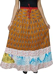 Mogul Interior Women's Maxi Skirt A-Line Printed Bohemian Cotton A-line Gypsy Hippie Long Skirt L Brown