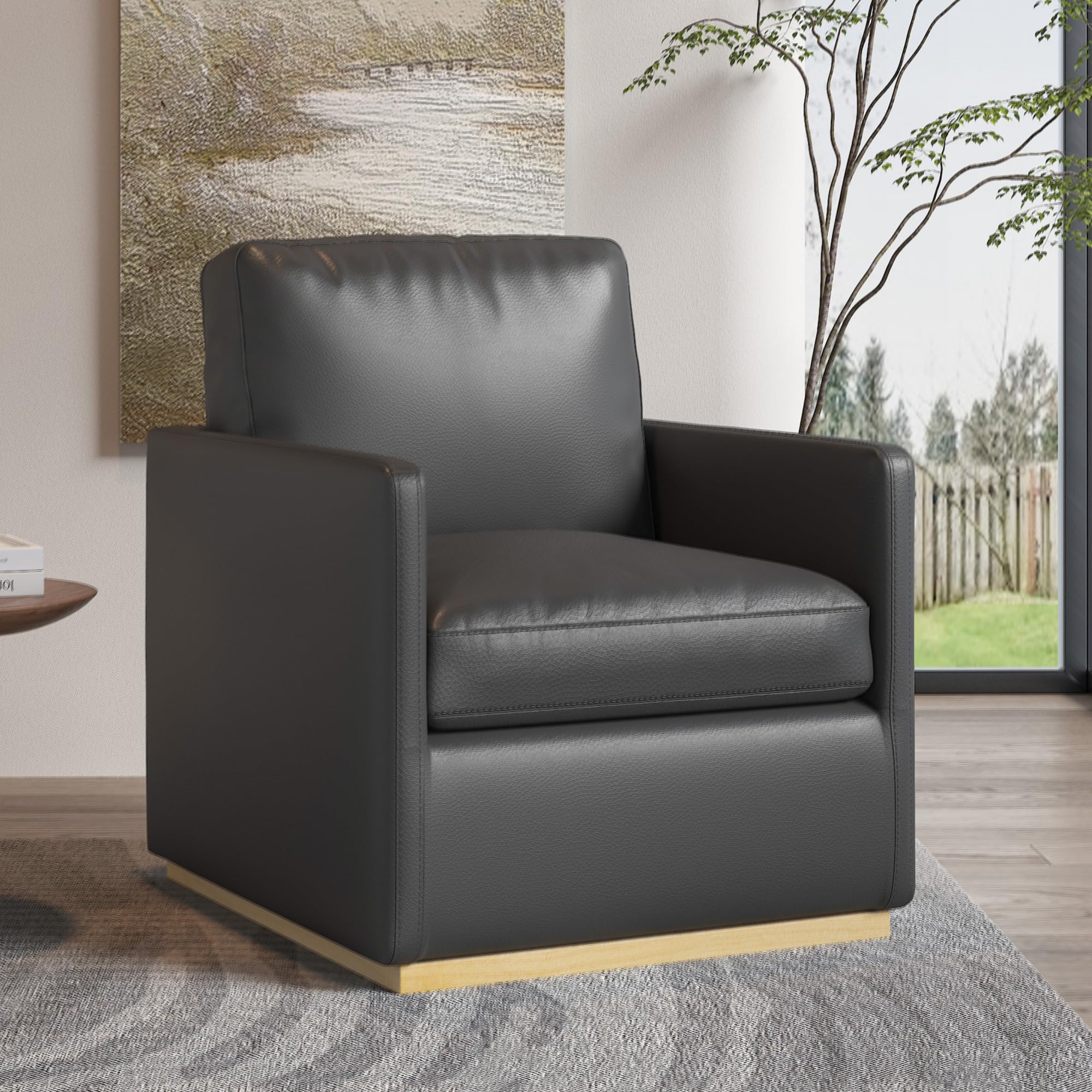 Photo 1 of Swivel Barrel Chair, Premium Comfy Round Accent Chair for Living Room, Mid Century Modern Reading Chair for Adults, Bedroom Side Chairs for Small Spaces, Armchair for Home/Office/Leather Black