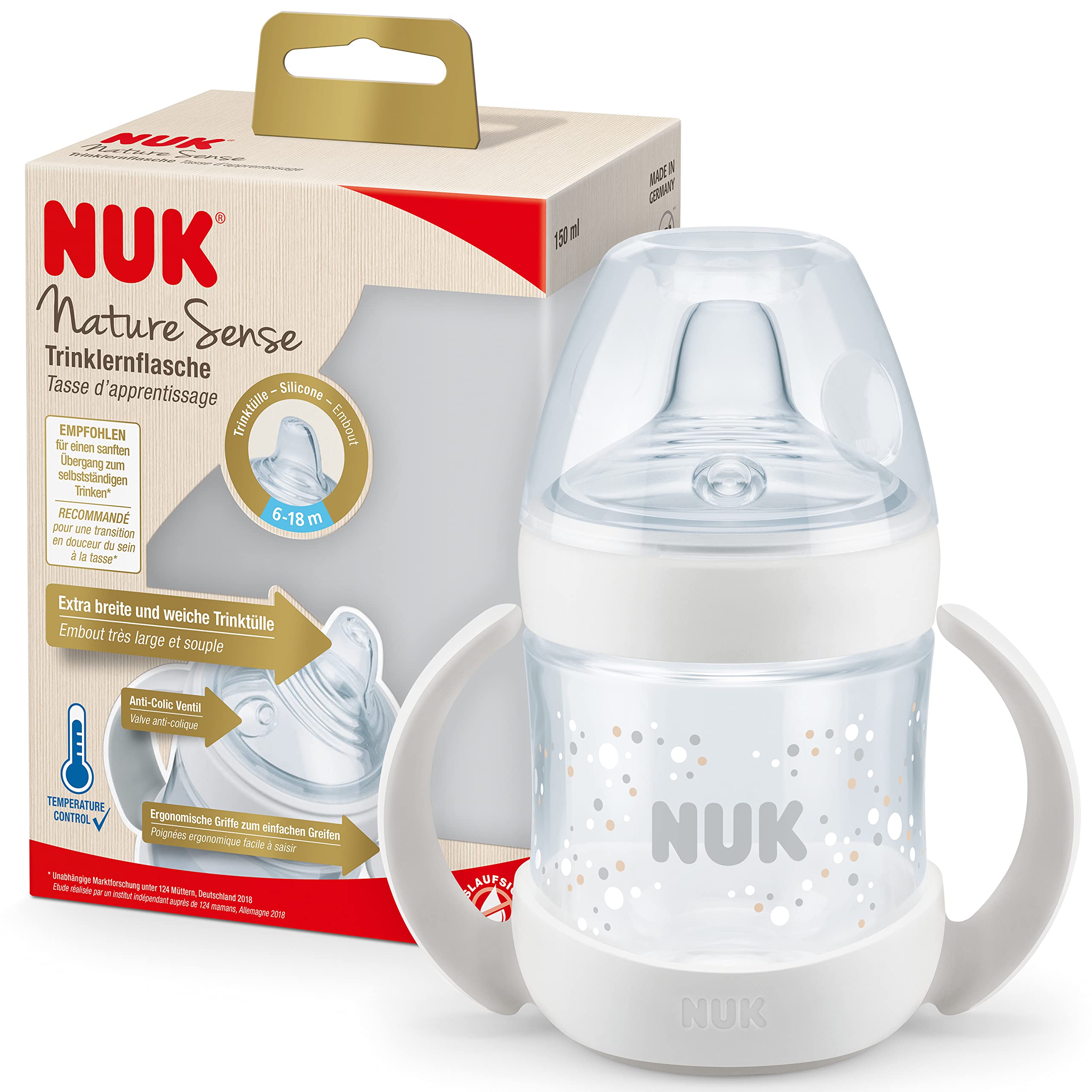 NUK Nature Sense Learn-to-Drink Bottle | 6-18 Months | Temperature Control Indicator | 150ml | Anti-Colic Valve | Leak Proof Silicone Spout | BPA | White