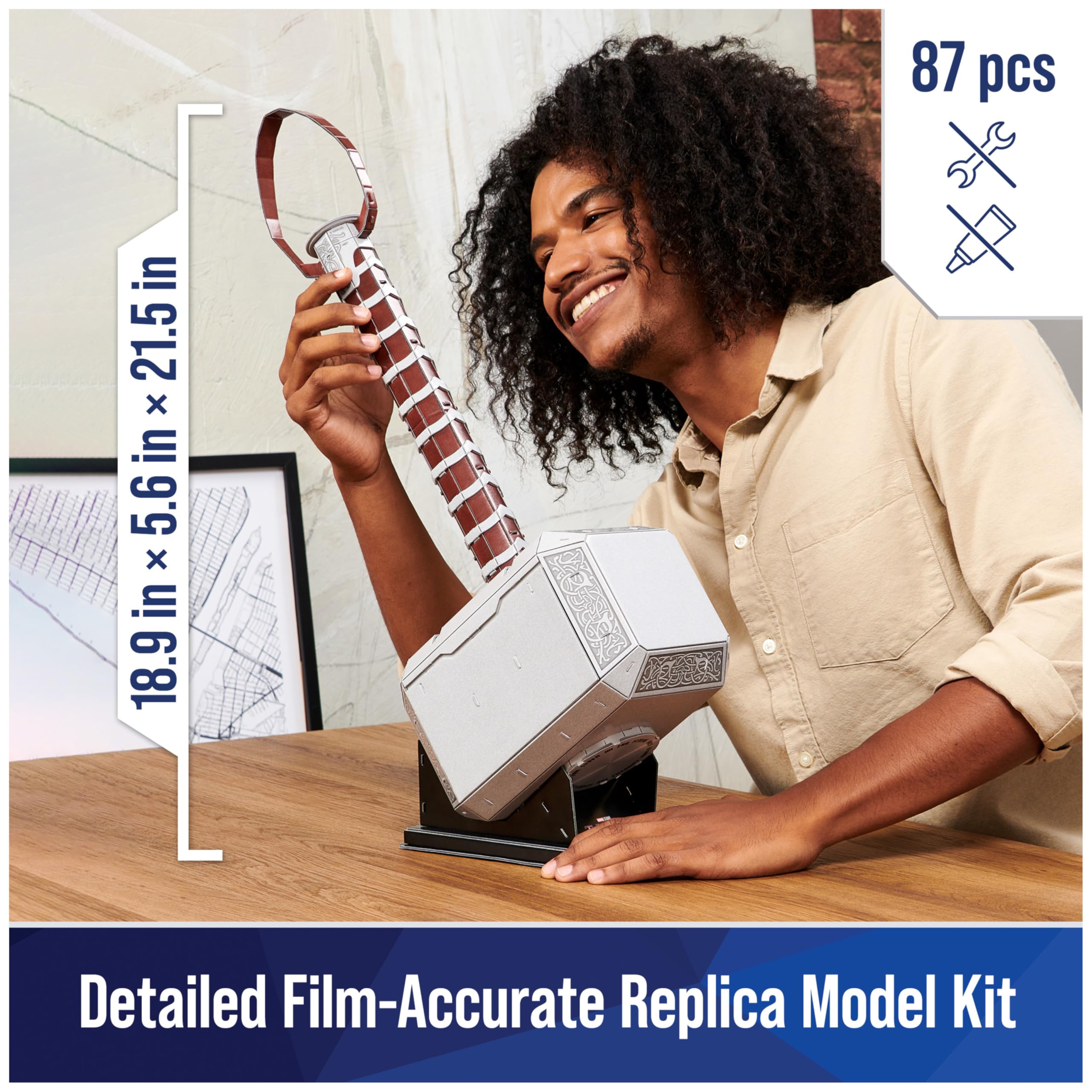 4D Build, Marvel Mjolnir Thor Hammer 3D Puzzle Model Kit with Stand 87 Pcs | Thor Desk Decor | Building Toys | 3D Puzzles for Adults & Teens 12+