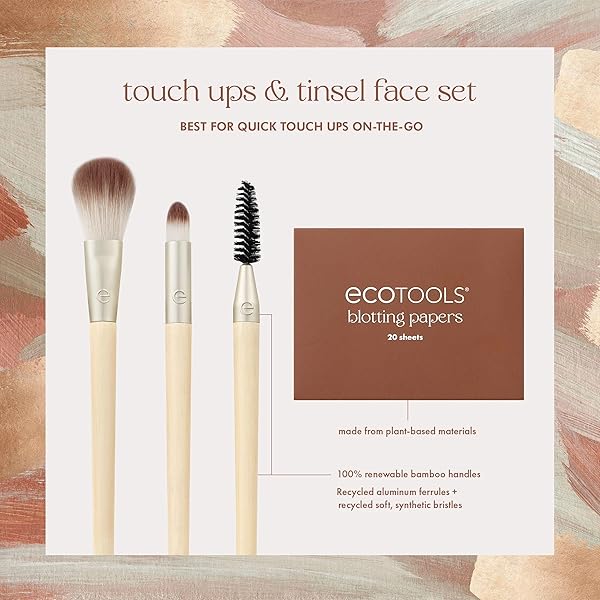 ECOTOOLS LIMITED EDITION TOUCH UPS & TINSEL FACE KIT, MAKEUP BRUSH SET FOR POWDER, CONCEALER, & BROWS, CONTROL OIL WITH BLOTTING PAPERS, ECO-FRIENDLY MAKEUP TOOLS, CRUELTY-FREE, 4 PIECE GIFT SET