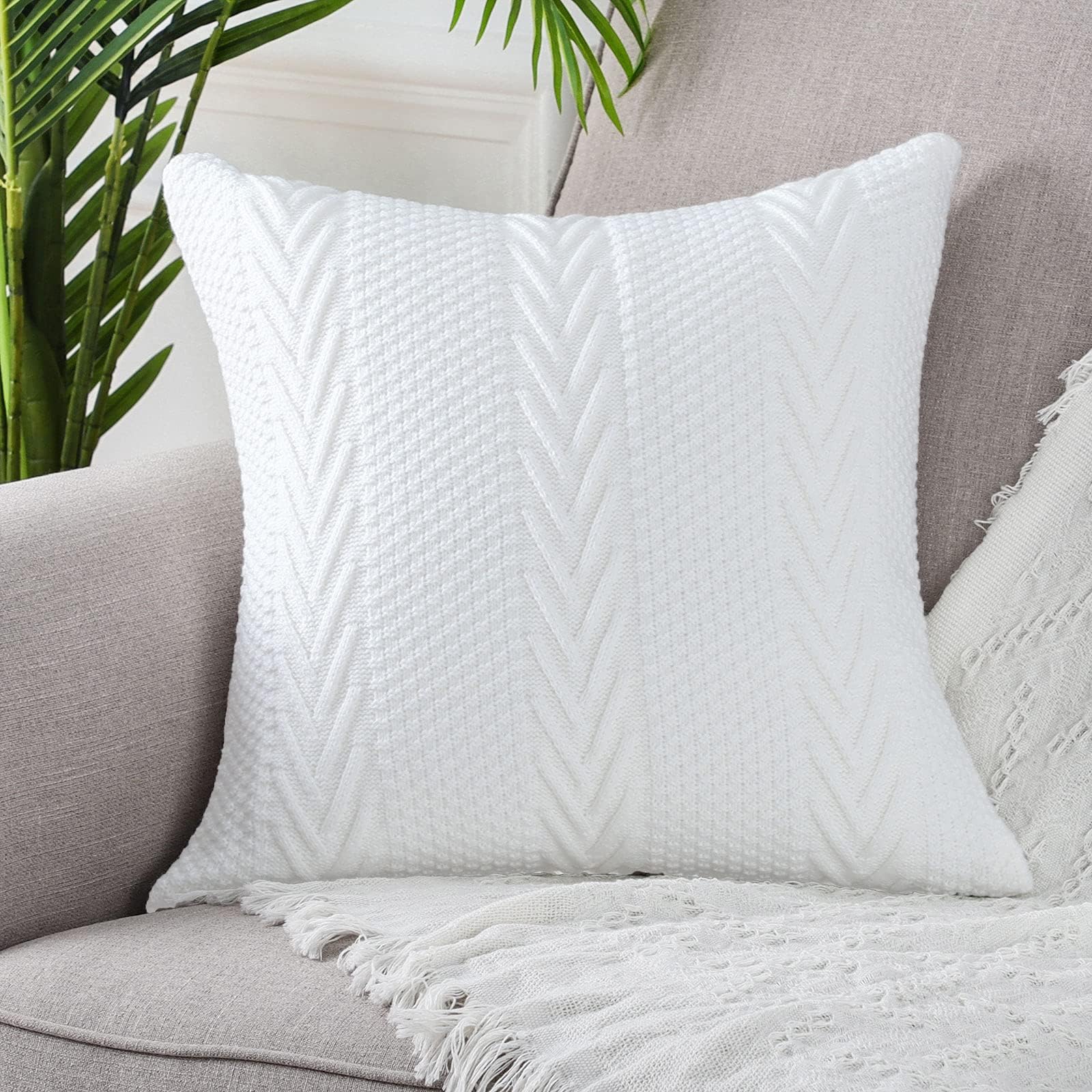 Mandioo Cotton Knitted Decorative Square White Cushion Covers 50cm x 50cm 20x20 Inch Soft Cozy Outdoor Throw Pillow Cases Luxury Modern Pillowcases for Couch Sofa Bed Livingroom