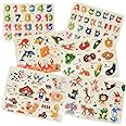 6 Pack Wooden Learning Puzzles with Handle for Kids, Numbers, Alphabet, Farm, Ocean, Animal, Vegetable Puzzles for Kids, Educational Montessori Learning Aid for Children